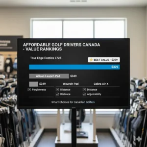 Comparison chart of mid-range clubs like the Tour Edge Exotics E725, highlighting the best golf drivers in Canada for value-conscious players.
