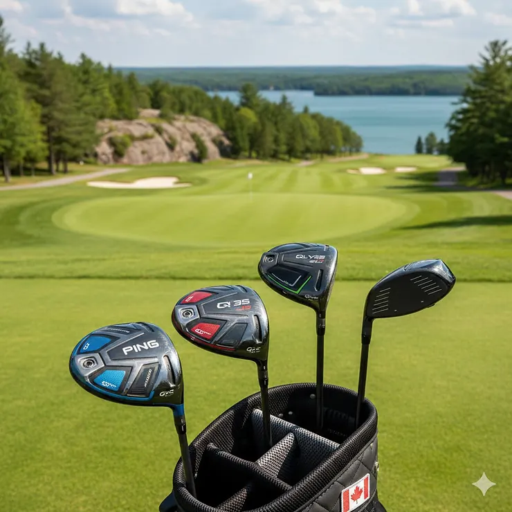 A lineup of the best golf drivers in Canada for 2026, including Ping G440 and TaylorMade Qi35, resting against a golf bag with a Canadian flag patch at a scenic course in Ontario.
