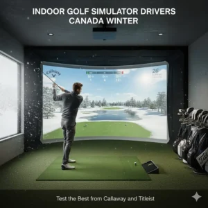 Illustration of a golfer using a simulator during a Canadian winter to test the best golf drivers from Callaway and Titleist.