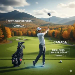 An illustration showing a golfer at a Mont-Tremblant course with text in English and French highlighting the best golf drivers in Canada (meilleurs bois de départ).