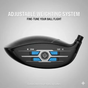 Close-up illustration of adjustable weights on a forgiving driver for high-handicap golfers looking to customize their shot shape.