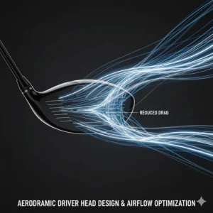 Digital rendering of airflow over a modern driver head designed for maximum speed and minimal drag.