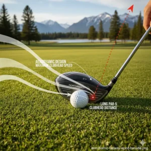 Aerodynamic clubhead design illustration showing airflow to maximize speed and distance on long Canadian par-5s.