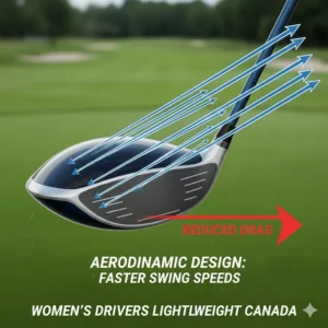 Illustration showing aerodynamic airflow over a clubhead, highlighting why women's drivers lightweight Canada designs help players with slower tempos.