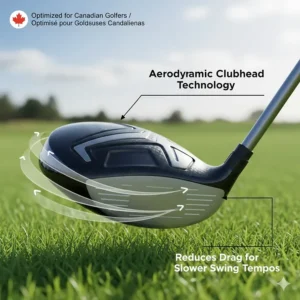 Illustration of aerodynamic clubhead technology that reduces drag for Canadian women golfers with slower swing tempos.