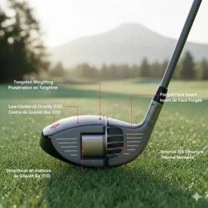 Technical illustration showing the internal weighting of hybrid golf clubs for higher launch on soft Canadian fairways.