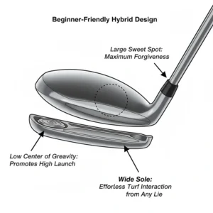 Diagram of a rescue club head showing the low center of gravity and wide sole designed for forgiveness.