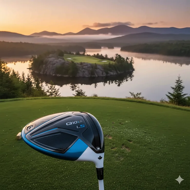 A premium golf driver on a tee at a Canadian golf course, representing the best driver under 500 CAD Canada for value-conscious players.