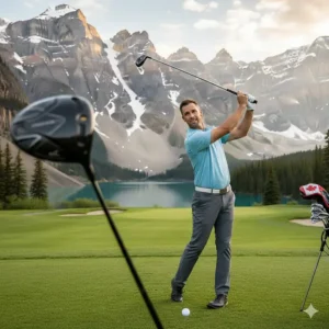 A golfer using easy to hit fairway woods on a lush green course with the Canadian Rockies in the background.