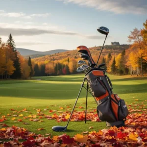 A 5-wood club resting against a golf bag during a crisp autumn round in Mont-Tremblant, Quebec, surrounded by red maple leaves.