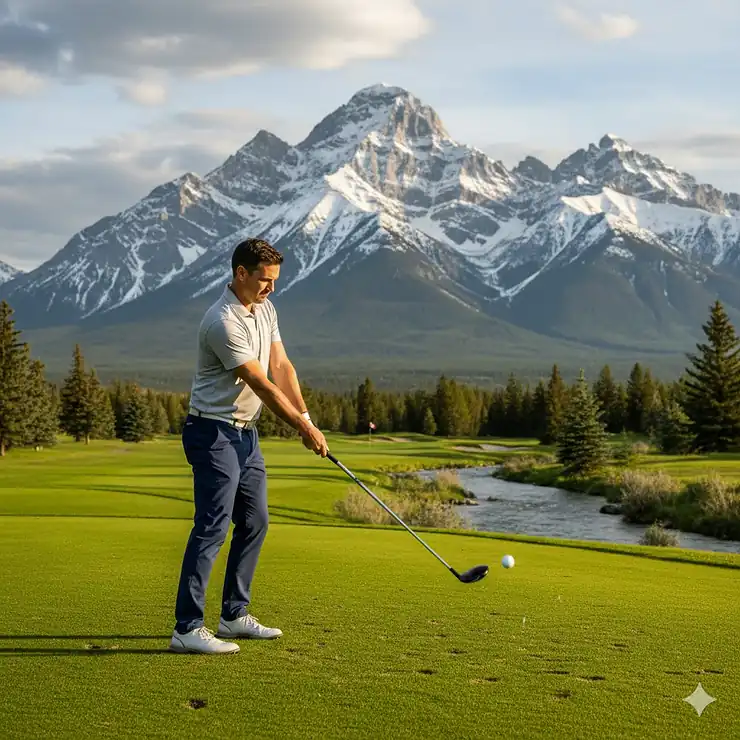 A golfer using one of the best fairway woods in Canada, the TaylorMade Qi4D, on a lush green course with the snow-capped Canadian Rockies in the background.