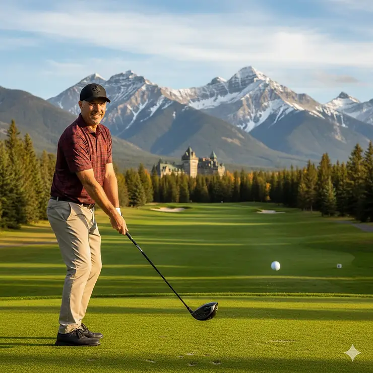 A Canadian golfer using one of the most forgiving drivers for high handicappers on a scenic mountain course in Alberta. forgiving drivers for high handicappers