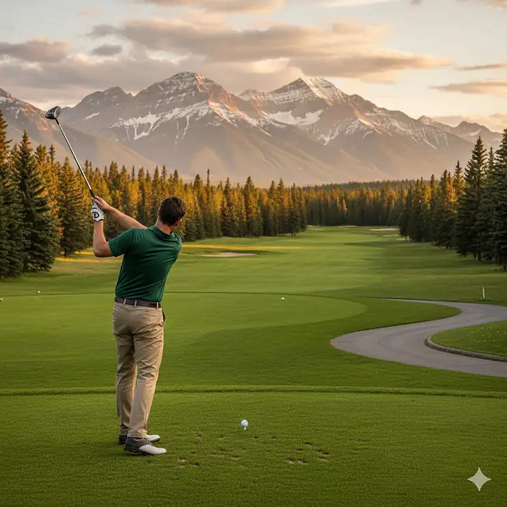 A golfer hitting game improvement irons on a scenic course in the Canadian Rockies with mountains in the background.