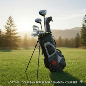 An illustration of a modern golf bag setup including several hybrid clubs for a versatile Canadian golf game.