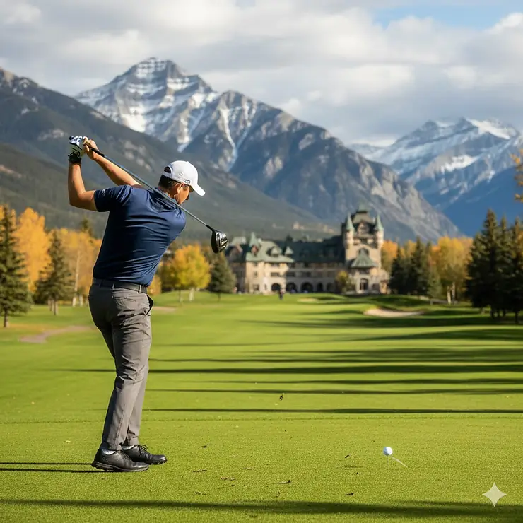 Professional golfer using a low spin driver for high swing speed on a scenic mountain golf course in Alberta, Canada.