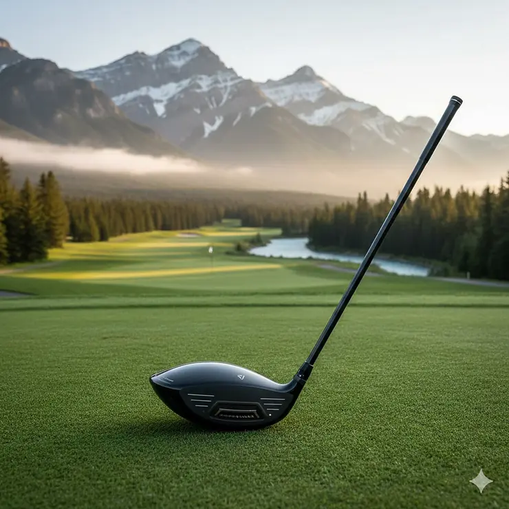 A golfer using one of the most adjustable golf drivers on a scenic Canadian golf course in British Columbia, showcasing premium loft and lie settings for improved distance.