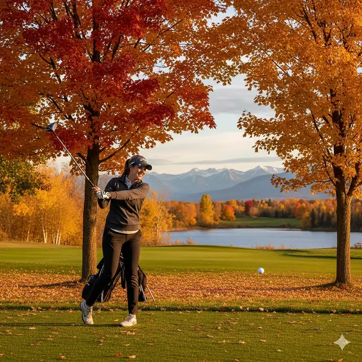A beginner golfer using a rescue club on a scenic Canadian golf course with maple trees in autumn. rescue clubs for beginners