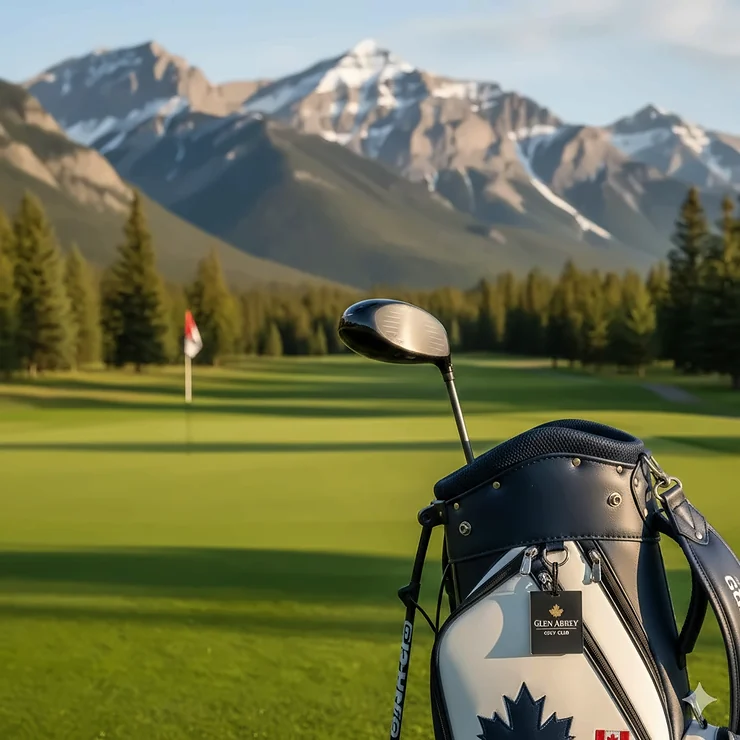 A premium utility hybrid golf club for low handicap players resting on a bag at a scenic Canadian mountain golf course. utility hybrids low handicap
