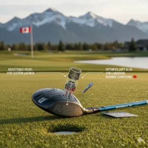 Illustration of the adjustable hosel on a Callaway 3-wood to customize loft and lie for varying Canadian fairway conditions.