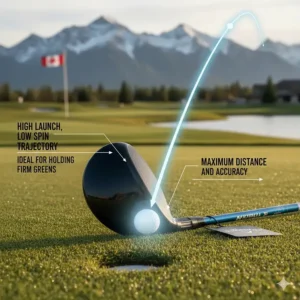 Diagram showing the high-launch, low-spin trajectory of a Callaway 3-wood, ideal for holding firm greens at top Canadian golf courses.