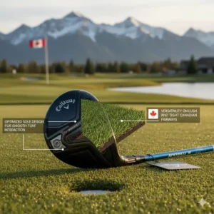 Detailed view of the Callaway 3-wood sole design optimized for smooth turf interaction on both lush and tight Canadian fairways.