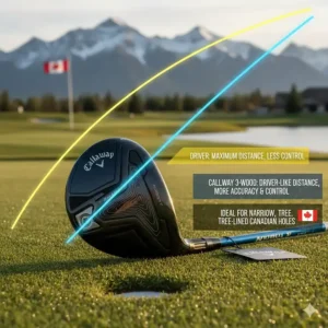Comparison chart showing how a Callaway 3-wood offers driver-like distance with more control for narrow, tree-lined Canadian holes.