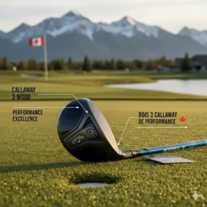 Promotional graphic for Callaway 3-wood (bois 3) highlighting performance excellence for English and French-speaking golfers in Canada.