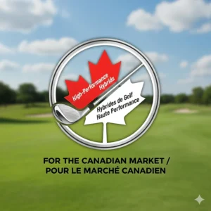 A stylized graphic featuring a maple leaf and golf club, representing high-performance hybrids (hybrides de golf) for the Canadian market.