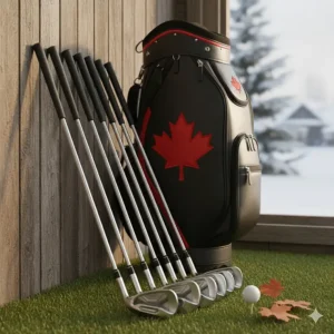 A selection of game improvement irons leaning against a golf bag with a Canadian maple leaf logo.