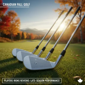 Vibrant fall foliage surrounding a set of players irons, perfect for reviews focused on late-season play in Ontario or Quebec.