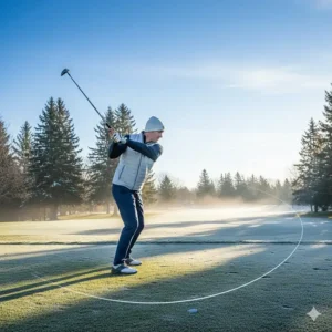 Illustration of a golfer in a light vest playing a utility hybrid during a crisp Canadian spring morning round.