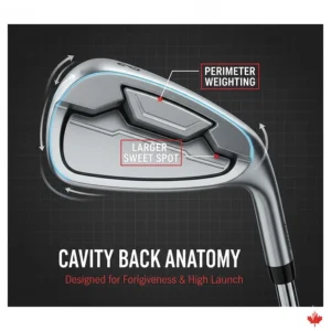 Technical illustration of a cavity back iron showing perimeter weighting designed to help Canadian amateur golfers with off-center hits.