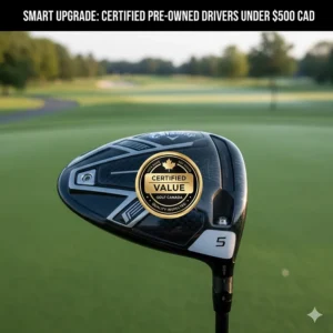 Certified pre-owned equipment logo highlighting a high-performance driver under 500 CAD Canada for budget golfers.