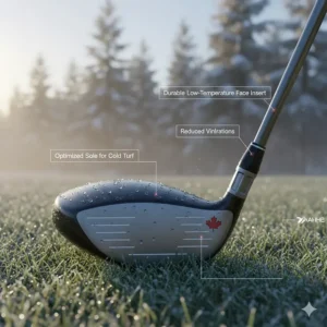 Close-up of a hybrid club head designed for better performance in cooler Canadian spring and autumn temperatures.