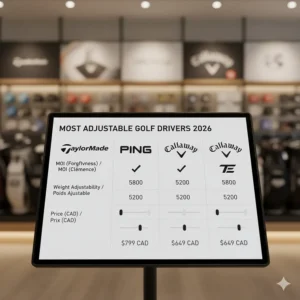 Comparison chart of the most adjustable golf drivers in 2026, ranking models by MOI, weight adjustability, and price in Canadian Dollars (CAD).