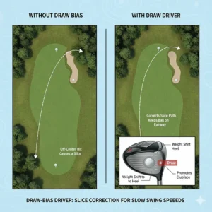 Graphic showing how draw-biased drivers help seniors with slow swing speeds keep the ball on the fairway.