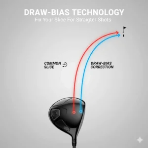 Illustration showing how draw-bias forgiving drivers for high handicappers help Canadian golfers correct a common slice.
