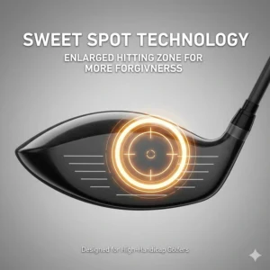 Technical illustration of an enlarged sweet spot on a forgiving driver designed to help high-handicap golfers in Canada hit straighter shots.