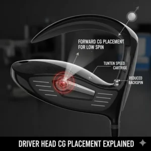 Technical drawing of a driver head showing forward CG placement to reduce spin for fast swingers.