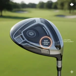 Technical diagram of a high-MOI fairway wood head designed for easy launching on Canadian fairways.