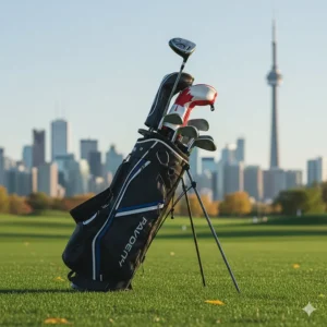 An illustration of a modern golf bag at a Toronto golf club featuring a prominent 4-hybrid rescue club.