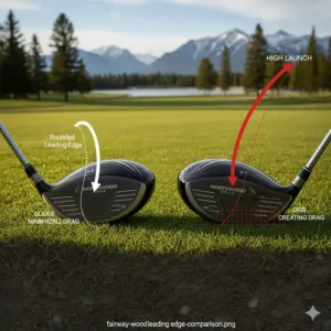 Comparison of a rounded leading edge versus a sharp edge for better turf interaction on tight lies and firm fairways.