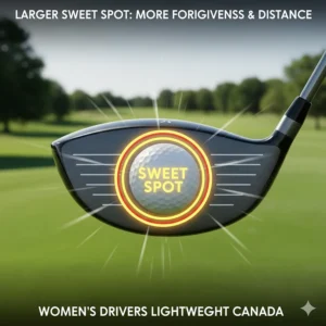 Close-up of an oversized sweet spot on a clubface, a hallmark of the best women's drivers lightweight Canada offers for beginners and pros.