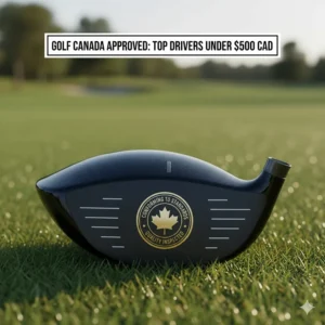 A golf driver head showing compliance with Golf Canada equipment standards for a driver under 500 CAD Canada.