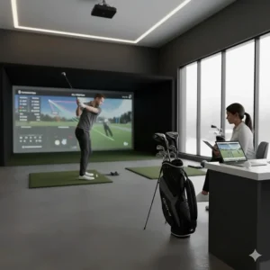 An indoor golf simulator screen in Toronto showing data analysis to find the best fairway woods for a Canadian golfer's swing speed.