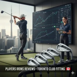 A digital illustration of a launch monitor session in a Toronto studio evaluating players irons reviews and ball data.