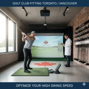 Illustration of a golfer at a Canadian indoor fitting center testing low spin driver head and shaft combinations.