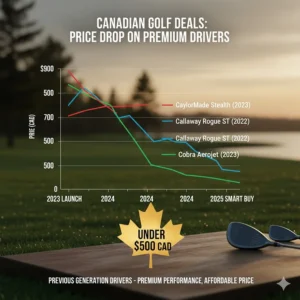 Graph illustrating the price drop of premium clubs into the driver under 500 CAD Canada category.