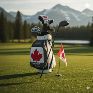 A set of golf clubs featuring easy to hit fairway woods with a Canadian flag headcover.