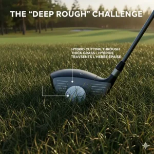 Illustration of a hybrid clubhead cutting through thick Canadian rough, outperforming traditional long irons in difficult lies.
